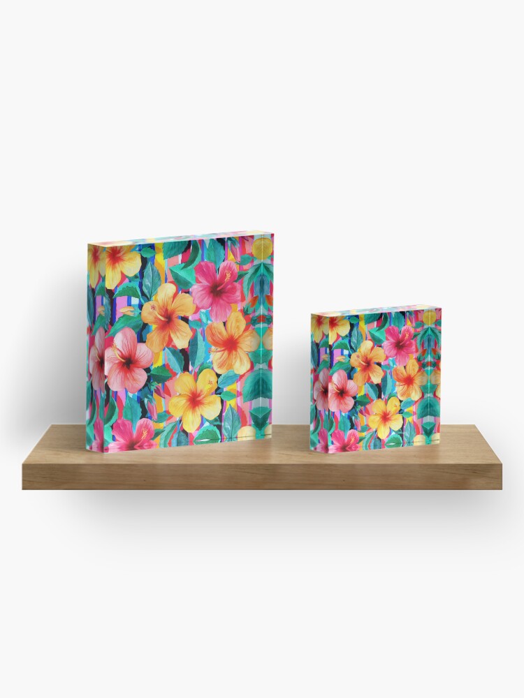 Alternate view of OTT Maximalist Hawaiian Hibiscus Floral with Stripes Acrylic Block