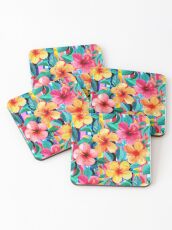 OTT Maximalist Hawaiian Hibiscus Floral with Stripes Coasters