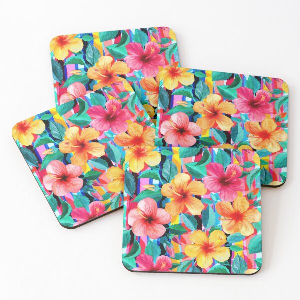 OTT Maximalist Hawaiian Hibiscus Floral with Stripes Coasters (Set of 4)
