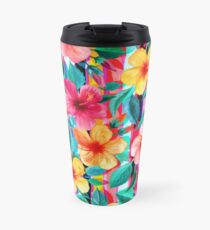 Taza de viaje OTT maximalista hawaiano hibisco floral con rayas