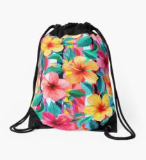 Mochila de cuerdas OTT maximalista hawaiano hibisco floral con rayas