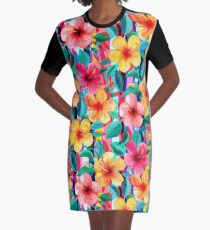 OTT Maximalist Hawaiian Hibiscus Floral mit Streifen T-Shirt Kleid