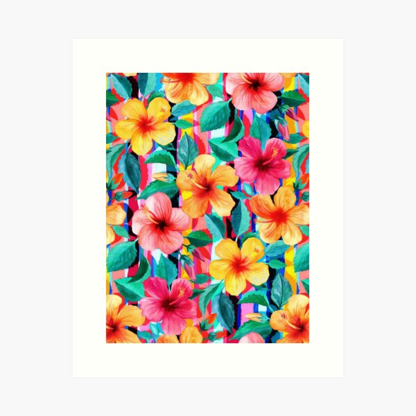 OTT Maximalist Hawaiian Hibiscus Floral with Stripes Art Print