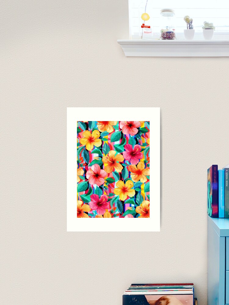 OTT Maximalist Hawaiian Hibiscus Floral with Stripes Art Print for Sale by  micklyn