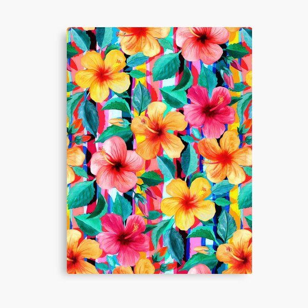 OTT Maximalist Hawaiian Hibiscus Floral with Stripes Canvas Print