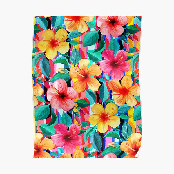 OTT Maximalist Hawaiian Hibiscus Floral with Stripes Poster