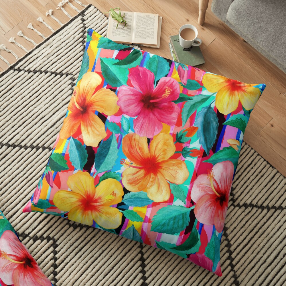 OTT Maximalist Hawaiian Hibiscus Floral with Stripes Floor Pillow