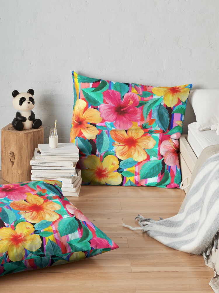 Alternate view of OTT Maximalist Hawaiian Hibiscus Floral with Stripes Floor Pillow