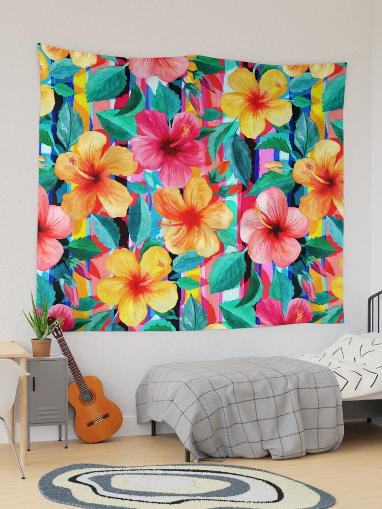 Floral Tapestry Hibiscus Flower Pastel Print Wall Hanging Decor