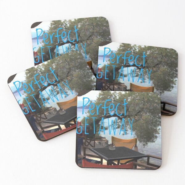 Item preview, At a cafe on Mediterranean sea with text Perfect Getaway  designed and sold by Khala.