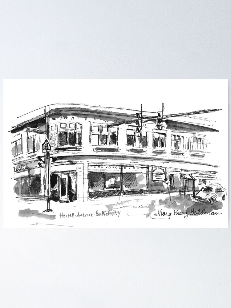 City Street Scene Ink Sketch Art Deco Eckgebaude Von Mary Kunz Goldman Poster Von Marykunzgoldman Redbubble