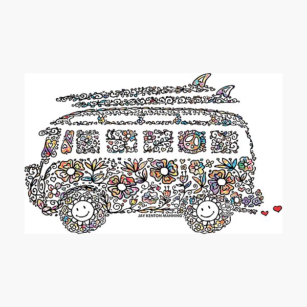 Groovy Doodle Van- (Black line with flowers) Photographic Print