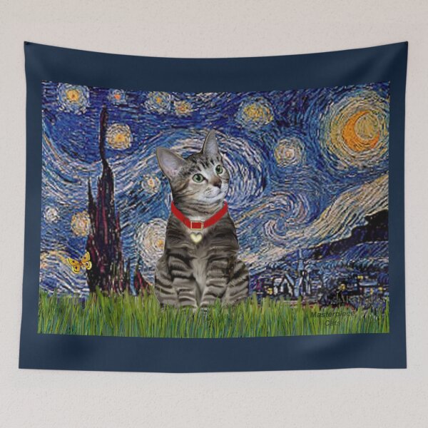 Item preview, Starry Night with a Brown Tabby Cat (red collar) designed and sold by JeanBFitzgerald.