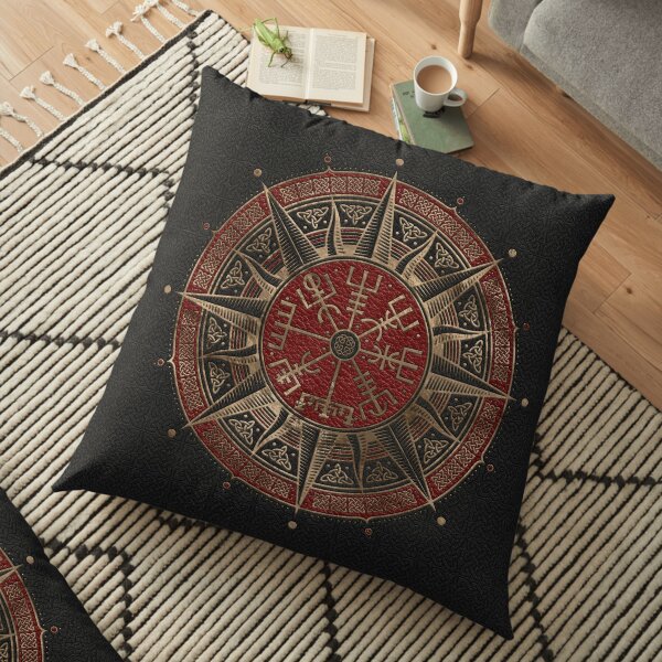 Vegvisir - Viking Compass - Black and red Leather and gold Floor Pillow