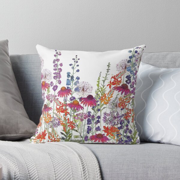 Flower Garden - Echinacea, Montbretia (Crocosmia), Delphiniums & Alliums Throw Pillow