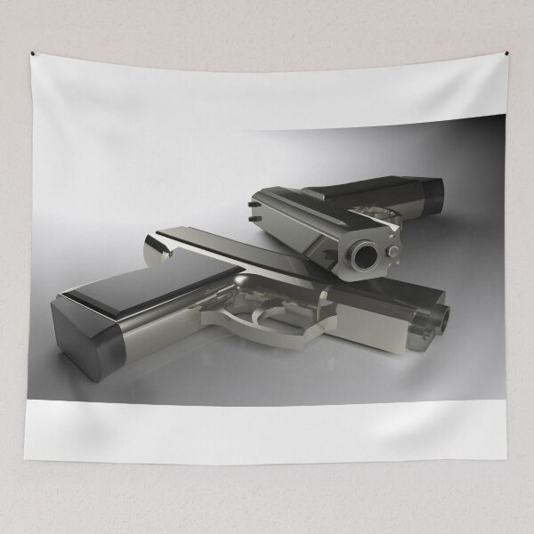 Item preview, Two guns laying on a white glossy table - 3D rendering illustration designed and sold by carlotoffolo.