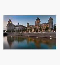Reflections of the three graces at dusk, Liverpool Photographic Print