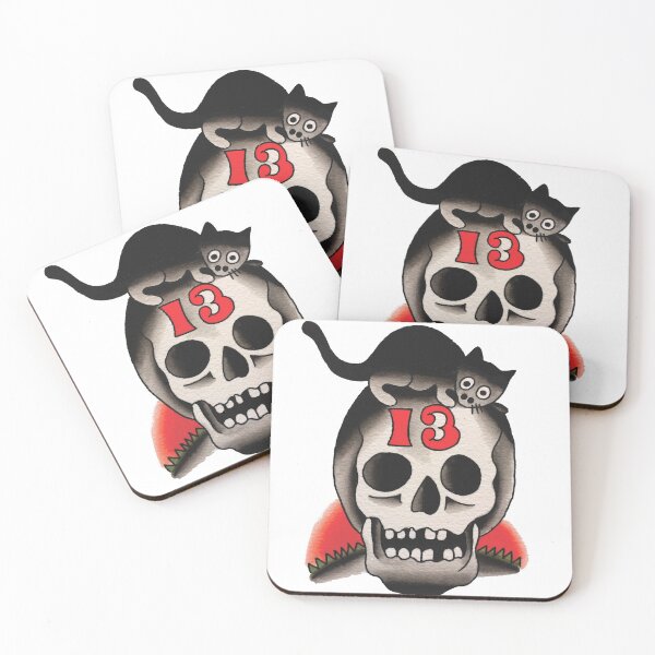 Item preview, Traditional Lucky 13 Cat on Skull Tattoo Design designed and sold by FOREVER TRUE TATTOO.