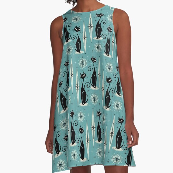 Mid Century Meow on Blue A-Line Dress