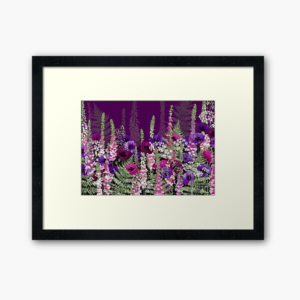 Flower Garden - Purple Poppies, Pink Foxgloves, Ferns Framed Art Print
