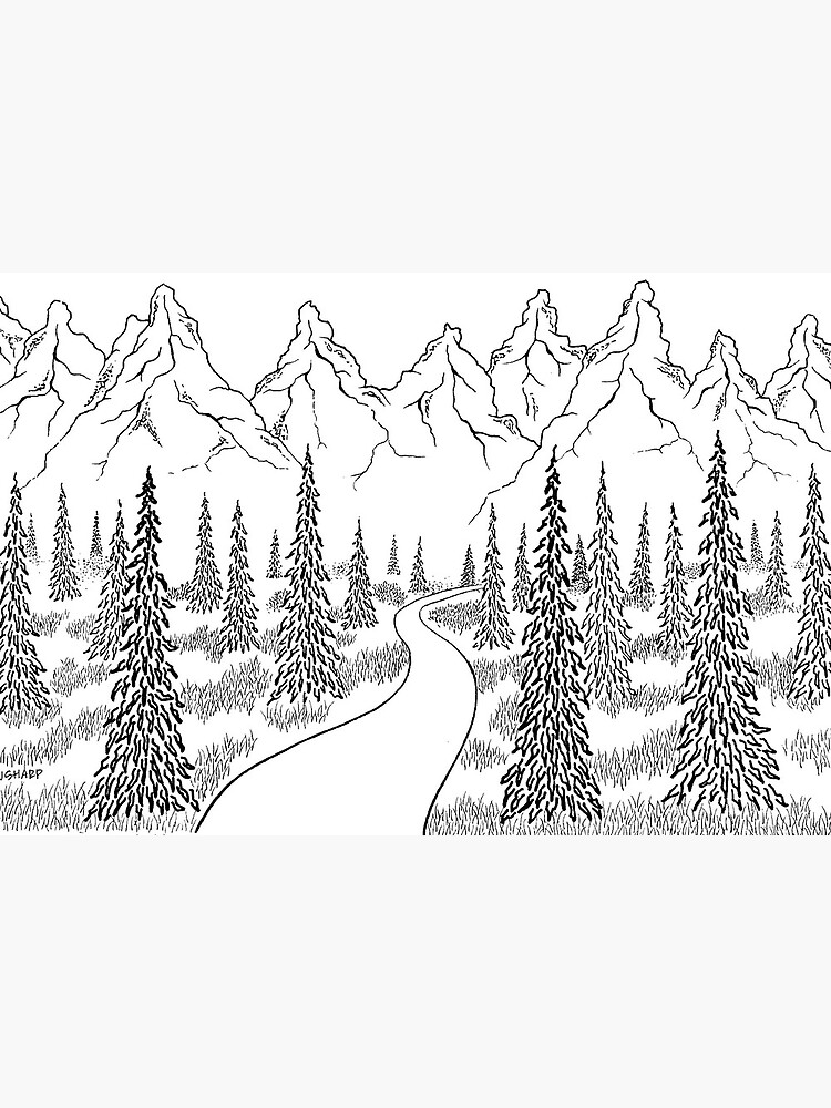Hand drawn ink vector sketch. A simple landscape of coniferous trees on a  hill, the contour of the mountains on the horizon. Nature, forest, travel,  tourism. For cards, stickers, prints, coloring. 22205253