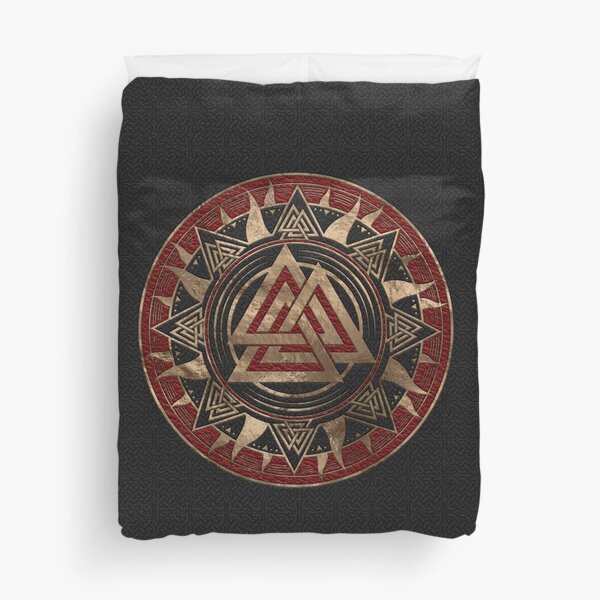 Valknut Symbol Black and Red Leather and gold Duvet Cover