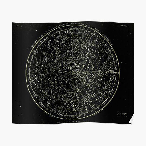 Constellations of the Northern Hemisphere | Yellowed Ink on Black Poster
