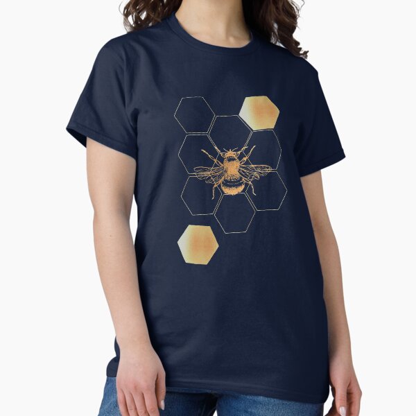 Item preview, Gold Honey bee with honeycomb hexagon pattern on navy background designed and sold by CharlieCreates.