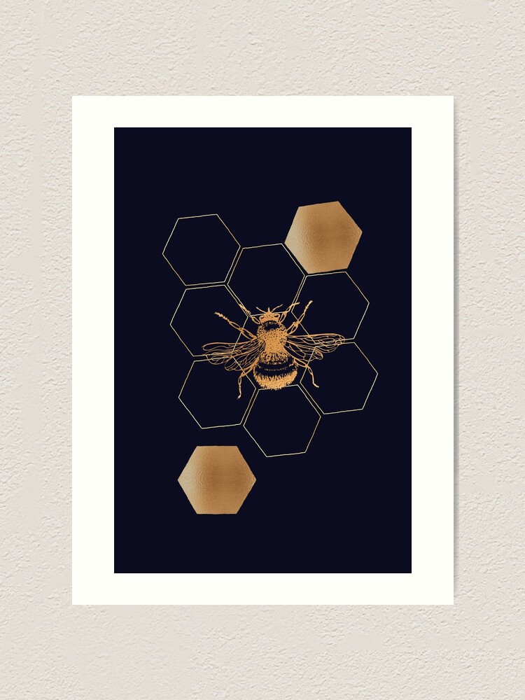 Gold Honey bee with honeycomb hexagon pattern on navy background | Art Print