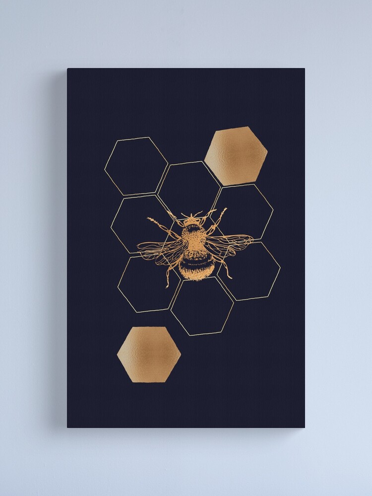 Gold Honey bee with honeycomb hexagon pattern on navy background