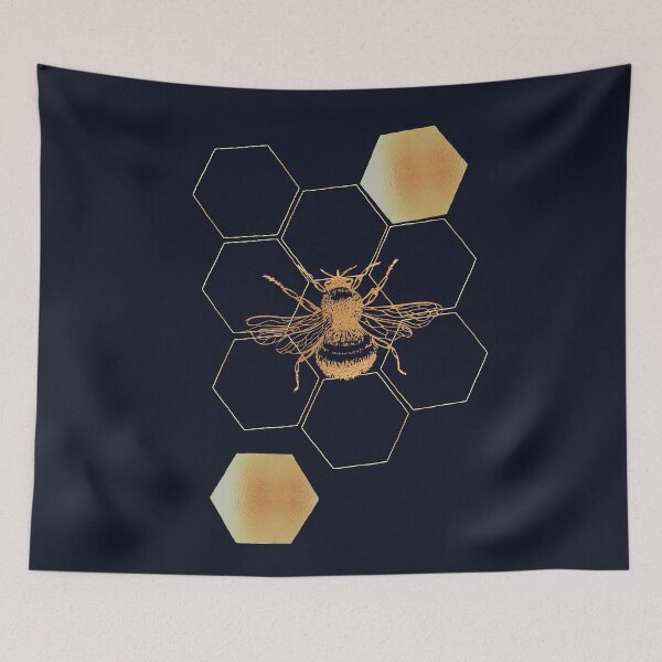 Item preview, Gold Honey bee with honeycomb hexagon pattern on navy background designed and sold by CharlieCreates.