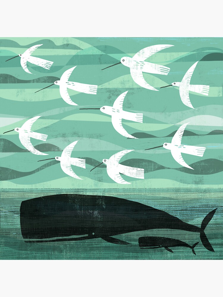 Whale and baby with flying birds by gklucas