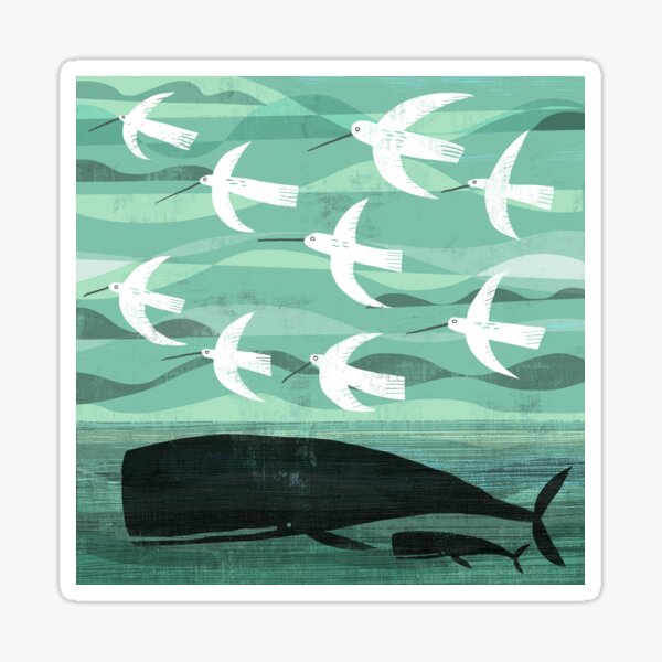 Whale and baby with flying birds Sticker
