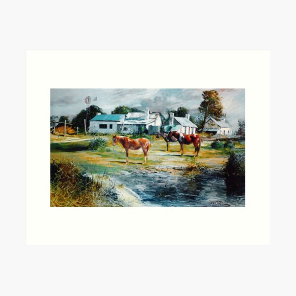 Horses by the Cottages - Allendale East, South Aust   Art Print