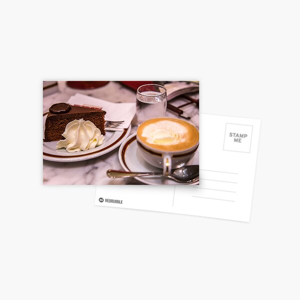 Austria. Vienna. Cafe Sacher. Cup of Viennese Melange and Piece of Sacher Torte. Postcard