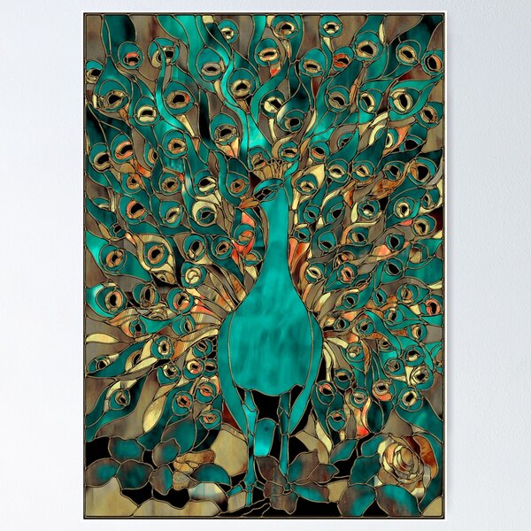 Item preview, Aqua and Gold Peacock Stained Glass designed and sold by Sasha Art Gallery.