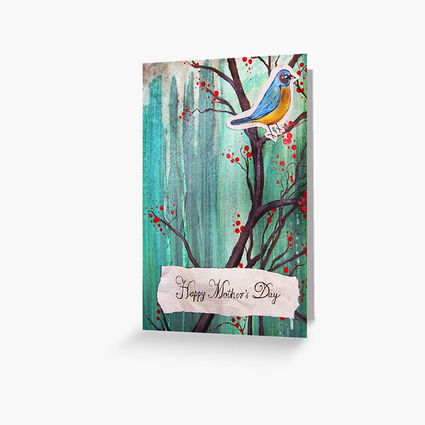 Happy Mother's Day Blue Robin On Cherry Tree Greeting Card