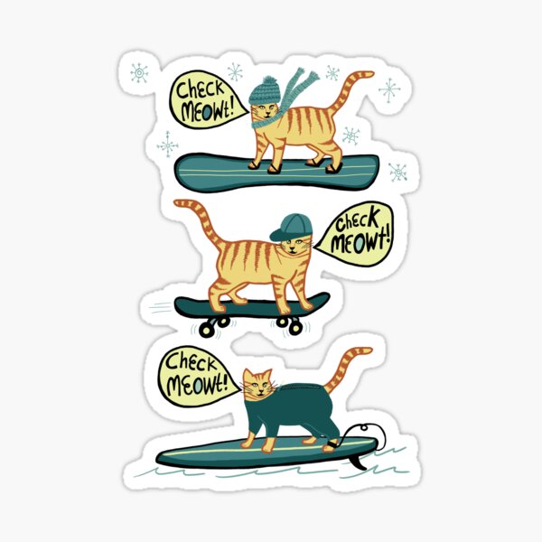 Check Meowt Sporty Tabby Cat Snowboarding, Surfing, Skateboarding Sticker