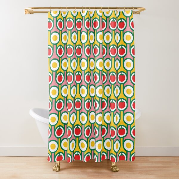 Scandi Midcentury Modern Retro Geometric Eggs Tomatoes Pattern Shower Curtain