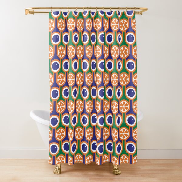 Scandi Midcentury Modern Retro Geometric Blueberries Oranges Pattern Shower Curtain