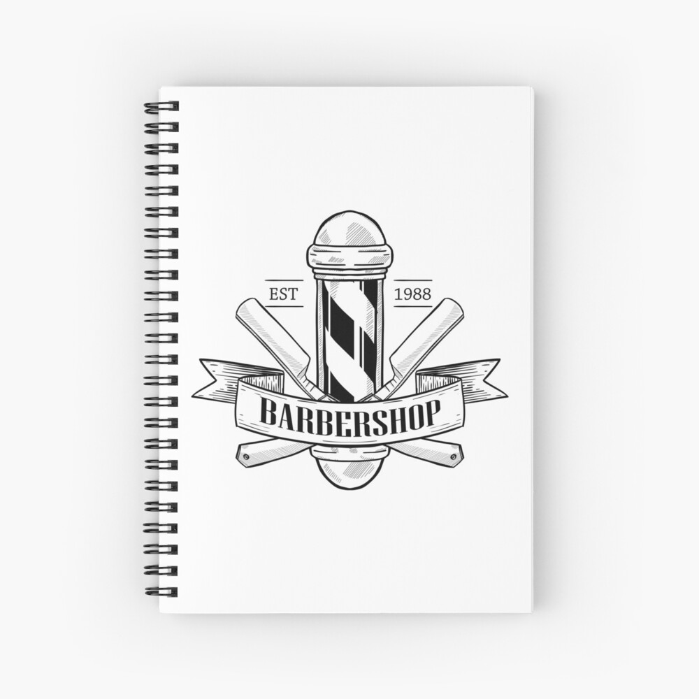 Cuaderno de espiral «Logotipo de barbería con maquinilla de afeitar  peligrosa, polo y una cinta.» de netkoff | Redbubble
