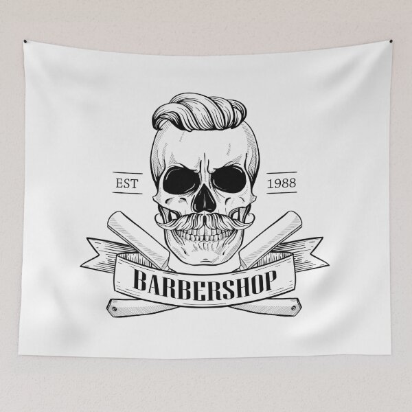 Item preview, Barbershop logo, angry sticker with skull with a mustaches and a hearcut, a dangerous razor and a ribbon designed and sold by netkoff.
