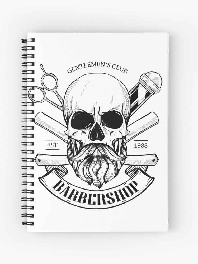 Cuaderno de espiral «Logotipo de barbería, pegatina enojada con calavera  con bigotes, barba, una maquinilla de afeitar peligrosa, tijeras y una  cinta» de netkoff | Redbubble