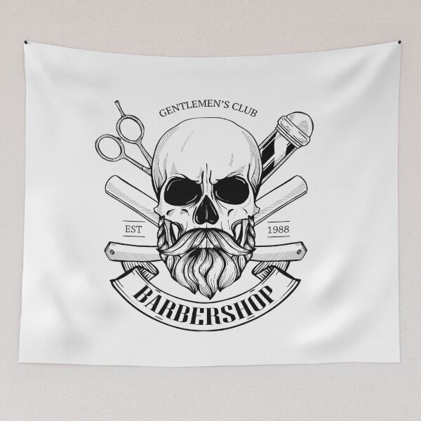 Item preview, Barbershop logo, angry sticker with skull with a mustaches, beard, a dangerous razor, scissors and a ribbon designed and sold by netkoff.