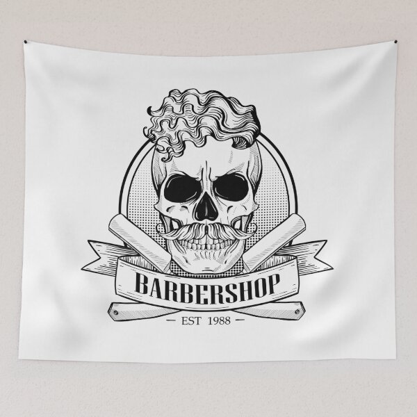 Item preview, Barbershop logo, angry sticker with skull with a mustaches, curly hear, a dangerous razor and a ribbon designed and sold by netkoff.