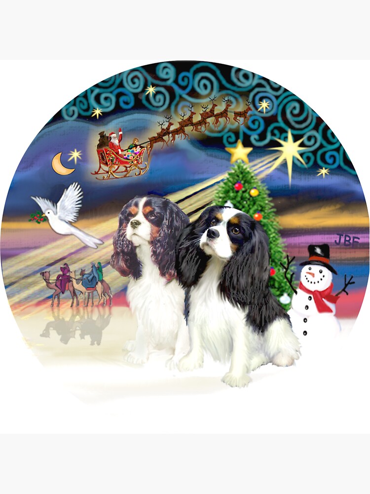 Christmas Magic with Two Tri Color Cavalier King Charles Spaniels by JeanBFitzgerald