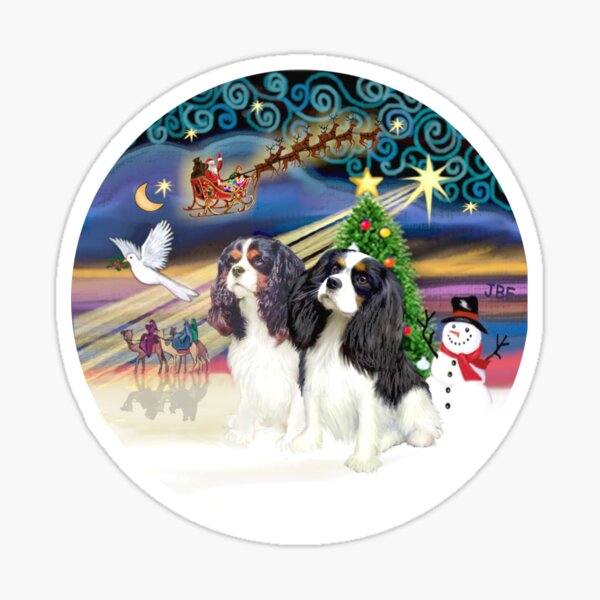 Christmas Magic with Two Tri Color Cavalier King Charles Spaniels Sticker