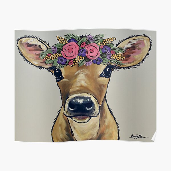Cow Art, Cute Calf with Flower Crown Farmhouse art, Close Up Cow art Poster