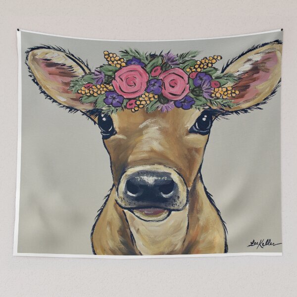 Item preview, Cow Art, Cute Calf with Flower Crown Farmhouse art, Close Up Cow art designed and sold by leekellerart.