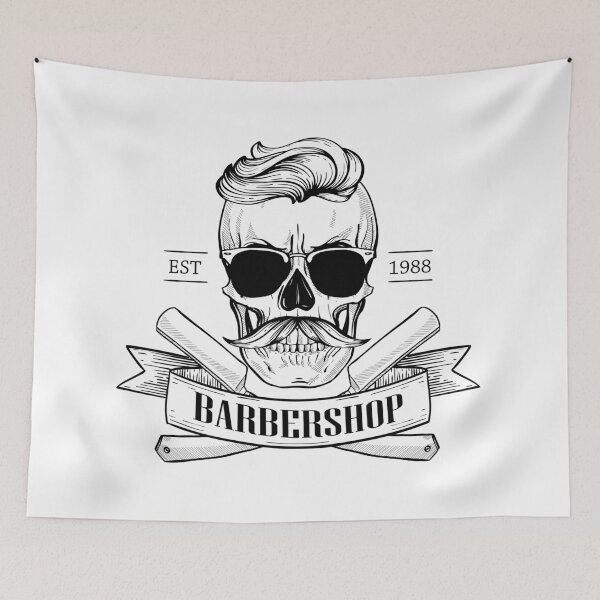 Item preview, Barbershop logo, angry sticker with skull with a mustaches, hearcut, sunglasses, a dangerous razor and a ribbon designed and sold by netkoff.